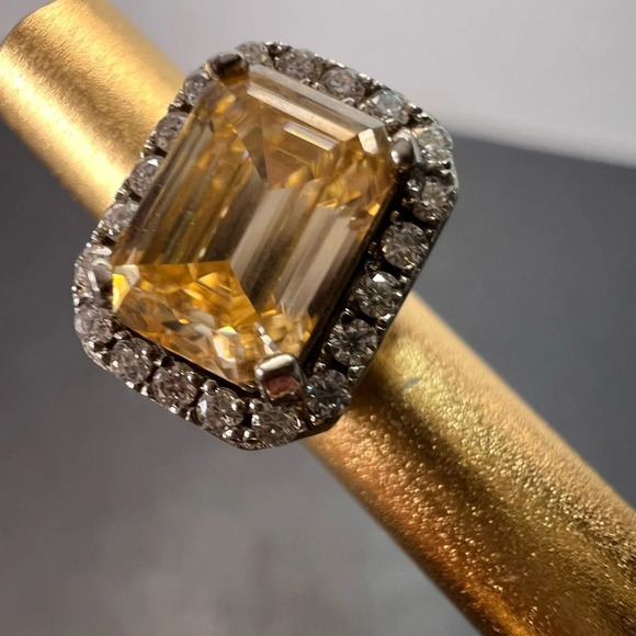 Yellow and white moissanite halo stud earrings in rhodium over sterling silver - Picture 1 of 12